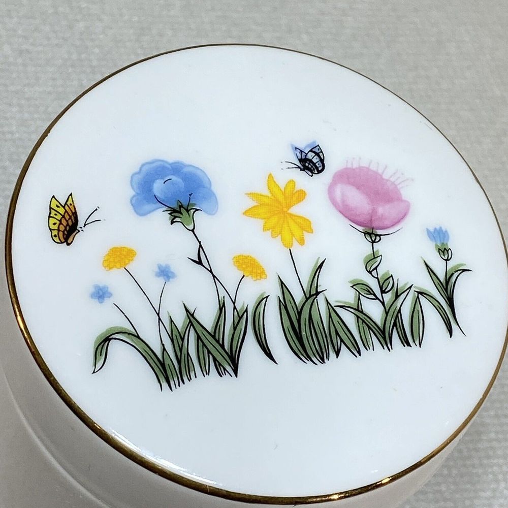 Vintage Porcelain Jar Multicolored Floral Butterflies Lidded Jar Made in Japan